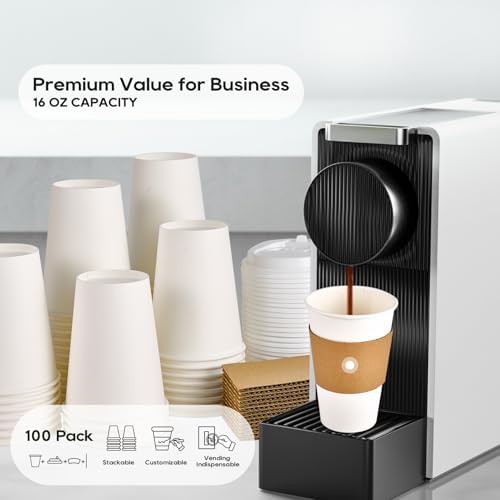 JOLLY PARTY 100 Pack 16 oz Disposable Paper Coffee Cups with Lids & Sleeves