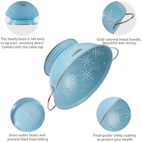 Metal Colander 2 Pack, Strainer Bowel with Handles 2Qt & 6Qt Powder Coated Solid Ring Base Heavey Duty Kitchen Drainer Basket for Pasta Veggies and Fruits,New Home Apartment Essentials (ArcticBlue)