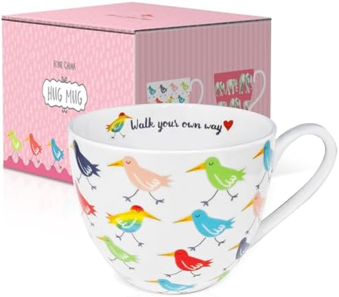 Birds Mugs for Daily Coffee and Tea, Premium 20 oz Bone China Coffee Tea Hug Mug, Perfect Holiday, Birthday and Christmas Gift for Bird Lovers, Designed in England by Harvest Green Studio
