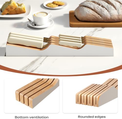 In-Drawer Knife Block Organizer - Bamboo Wood Drawer Knife Organizer-Protecting Knife Organizer Block (Not Included) (White, 7 Knives Dock)