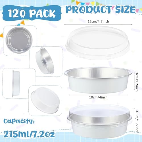 Yinder 8 oz Disposable Creme Brulee Ramekins with Lids, 4 Inch Mini Pie Tins Aluminum Foil Pie Tart Cake Baking Pans Individual Round Containers Oven Safe(White,120 Pcs)