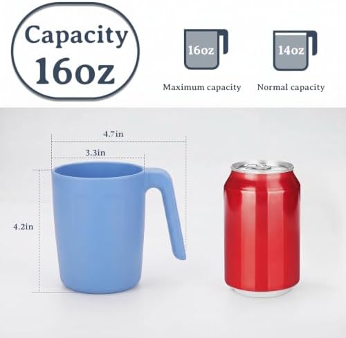 Wrova 16oz Wheat Straw Cups with handles set of 6-Plastic Cups Reusable-Unbreakable Kids Mugs-Dishwasher Safe & Microwave Safe-Ideal Plastic Mugs for Tea,Coffee,Camping,RV-Sky Blue