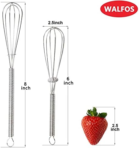 Walfos Mini Whisk,Non-Rust Whisk,304 Stainless steel Small Whisks.Heat Resistant 450℉.6+8Inch Tiny whisks Nice for Whisking, Blending Ingredients, Beating, Mixing Sauces (Silver)