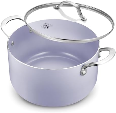 KOCH SYSTEME CS 6 Quart Nonstick Stock Pot with Lid, 6 QT Nonstick Ceramic Stockpot with Stainless Steel Handle, Induction Cooking Pot for Soups, Casserole, Soup Pot, Even Heating, Oven Safe, Purple