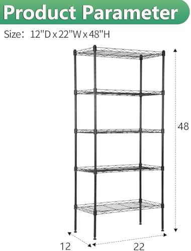 BestOffice | 5-Tier Wire Shelf | 22" x 12" x 48" | Black