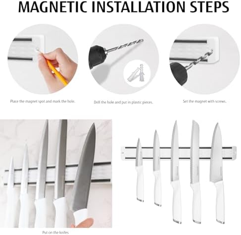 White Knife Set with Magnetic Strip for Wall,6-Piece