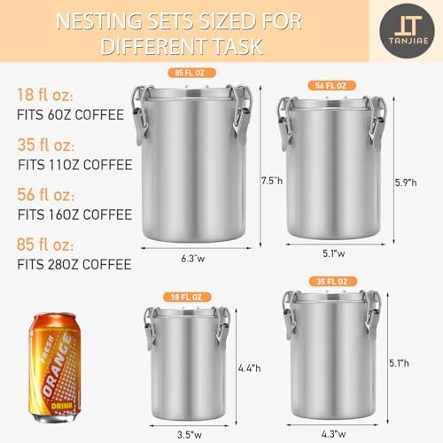 Tanjiae 4-Pack Compact Stainless Steel Airtight Canisters Sets for Small Kitchens | Metal Food Storage Containers with Lids Sealed - Keep Flour, Sugar, Coffee, Tea Fresh for Months (18+35+56+85 fl oz)