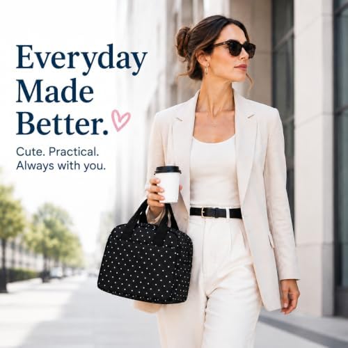 LOVELYWIND Lunch Box for Women, Insulated Lunch Bag, Black Polka Dot Tote