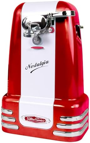 Nostalgia Retro Electric Can Opener for Kitchen with Magnetic Lid Remover, Knife Sharpener, and Soda or Beer Bottle Opener, Red