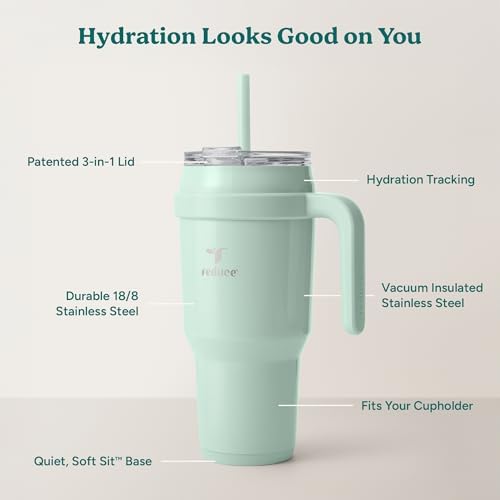 REDUCE Cold1 40 oz Tumbler with Handle - Vacuum Insulated Stainless Steel Water Bottle for Home, Office or Car, Reusable Mug with Straw or Leakproof Flip Lid, Keeps Drinks Cold All Day-Gloss Sea Glass