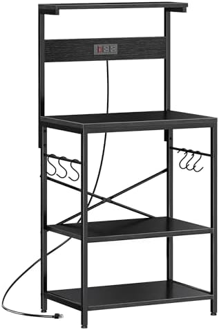 SUPERJARE Kitchen Bakers Rack with Power Outlet, Coffee Bar Table 4 Tiers, Kitchen Microwave Stand with 6 S-shaped Hooks, Storage Shelf Rack for Spices, Pots and Pans - Black