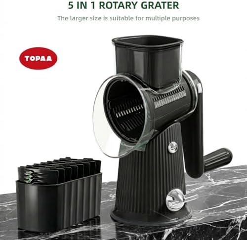 Rotary Cheese Grater with Handle - Vegetable Shredder with 5 Blades & Strong Suction Base, Round Slicer & Food Chopper for Kitchen (Black)
