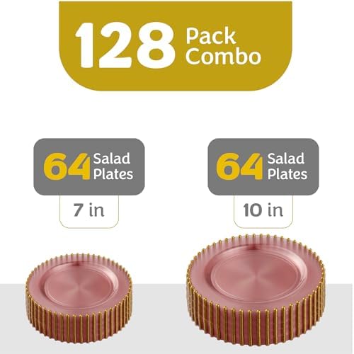 PLASTICPRO 128 Piece Combo Plastic Dinner Plates Disposable Plastic Fancy Heavy Duty Party Dishes 7 inch and 10 inch, Translucent Rose and Gold Beaded