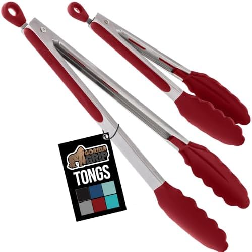 GORILLA GRIP Stainless Steel Kitchen Tongs for Cooking, 2 PK, Red