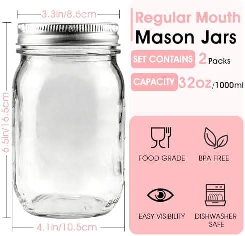 Showvigor 32oz Regular Mouth Mason Jars 2-Pack with Airtight Lids, Glass Canning Jars for Meal Prep, Overnight Oats, Jam & Food Storage, BPA-Free Clear Glass Jars for Canning, Fermenting & DIY Crafts