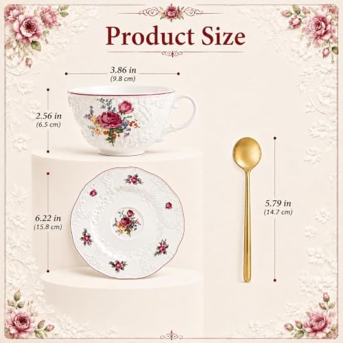 Tea Cup and Saucers Set, 8 OZ Vintage Rose Tea Cup with Saucer Spoon