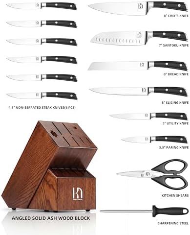 KnifeSaga Knife Set, 15 Pcs Kitchen Knife Block Set, Enduring Razor-Sharp High Carbon Stainless Steel Chef Knife Set with Block and Sharpener, Premium Knives Set for Kitchen, Ash Wood Valentine's Gift