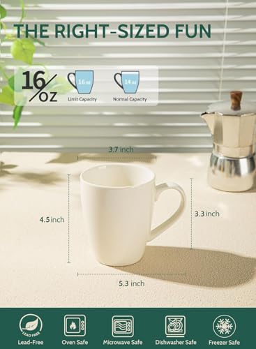 Sweese Porcelain Coffee Mugs - 16 Ounce - Set of 6, Cups for Latte, Hot Tea, Cappuccino, Mocha, Cocoa, White (Pack of 2)