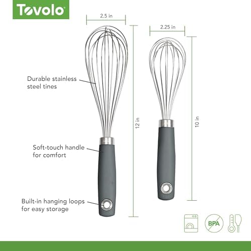 Tovolo Wire Whisk Set of 2 for Baking Cooking Mixing Whisking, 10" & 12" Inch Stainless Steel Wire Kitchen Whisk Set Balloon Design Sturdy Comfort Grip Handle BPA Free Dishwasher Safe, Charcoal Gray