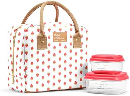 Fit & Fresh Bloomington Lunch Bag for Women - Insulated Large Lunch Box for Work with Containers, Leak-Resistant, Stain-Resistant, Zipper Closure, Strawberry