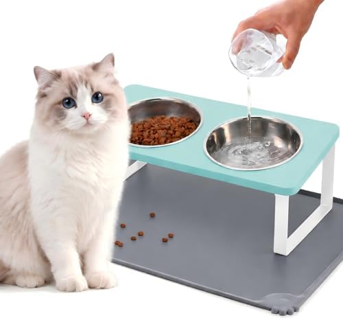 Summark Upgraded Elevated Cat Bowls with Food Mat,15°Tilted Stand Anti Vomiting Raised Cat Dishes for Food and Water,2 Stainless Steel Bowls for Cats and Puppy（Teal）