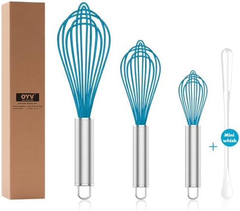 OYV Silicone Whisk,Heat Resistant 480°F Whisks For Cooking Non Scratch,Stainless Steel wired wisk,Plastic Rubber Whisk Tool For Nonstick Cookware Pans,Silicon Wisks Set of 4,Blue
