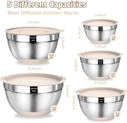 Umite Chef Mixing Bowls with Airtight Lids Set, 8PCS Stainless Steel Nesting Bowls with Grater Attachments, Non-Slip Bottoms, 5, 4, 3.5, 2, 1.5QT for Mixing & Serving