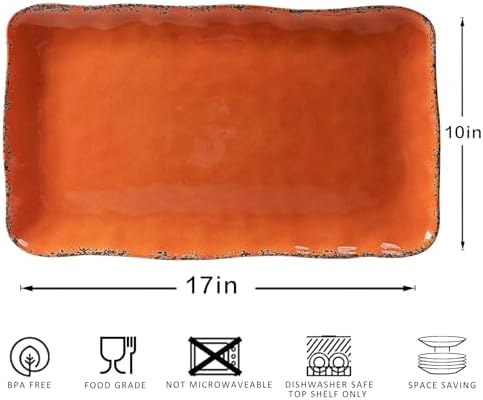 Vintage Melamine 17" x 10" Serving Platters for Serving Food, Set of 2, 100% Melamine Large Rectangle Serving Trays Sets for Fruit, Appetizer, Dessert, Home and Party Use. Orange