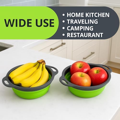 Small Collapsible Colander with Plastic Handles Round Silicone Kitchen Strainers Foldable Kitchen Strainer Perfect for Draining Pasta Vegetable and Fruit Green