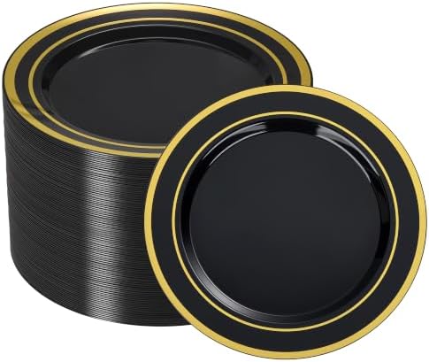 BESTSTAR 100PCS 7 Inch Black and Gold Plastic Plates