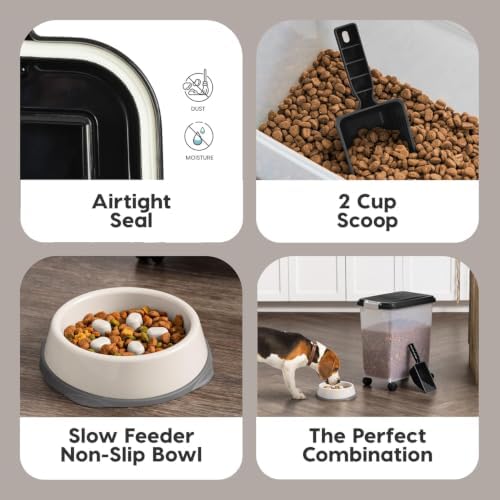IRIS USA Dog Food Container & Slow Feeder Bowl, Up to 30 lbs, Black