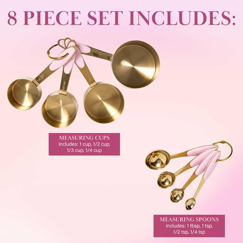 Paris Hilton Measuring Cups and Spoons Set, Stainless Steel with Pink Silicone Inset Handle, Dishwasher Safe, For Dry and Liquid Ingredients, 8-Piece Set, Gold and Pink