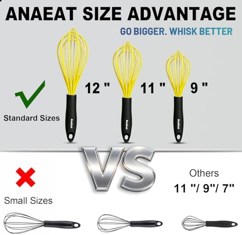 Anaeat Silicone Whisk, Thick Stainless Steel Wire Inner Heat Resistant - Kitchen Whisks for Non-Stick Cookware, Balloon Egg Beater for Whisking, Blending, Beating, Frothing & Stirring (Yellow)
