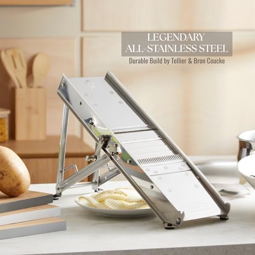 ICO Bron Coucke Professional Mandoline Slicer by Tellier – Heavy Duty Stainless Steel Mandoline Slicer for Kitchen – Adjustable Straight, Julienne, & Waffle Blades (Pusher Not Included)
