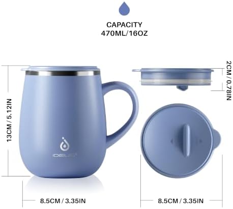 Ideus 16 oz Insulated Coffee Mug with Lid and Handle (Ocean Blue 2.0)