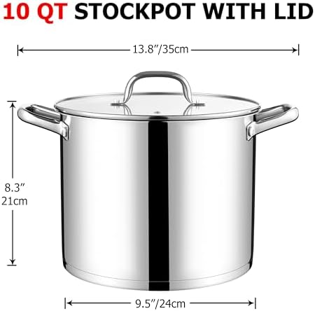 LIANYU 10 Quart Pot with Lid, 10 QT Tri-ply Stainless Steel Stockpot