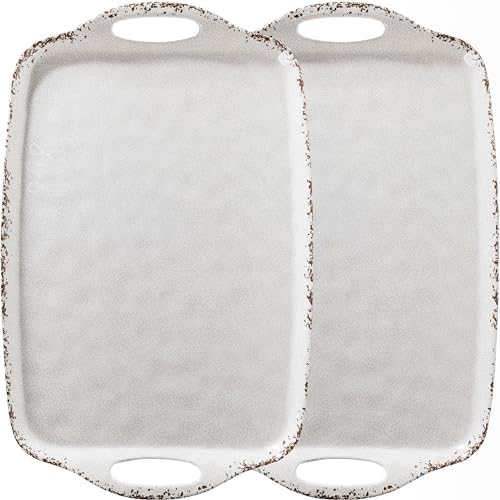 Farmhouse Melamine Serving Tray with Handles, Set of 2, 19"x12" Extra Large Rectangular Turkey Serving Platter, Serving Food Trays for Entertaining, Christmas,Thanksgiving,Party, Ivory