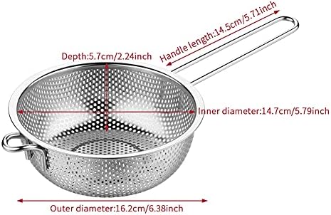 Stainless Steel Fine Mesh Colander with Long Handle, 6-Inch Metal Food Strainer with Resting Feet, Micro-Perforated Colander Metal Kitchen Strainer for Fried Food Vegetable Fruit(silver)