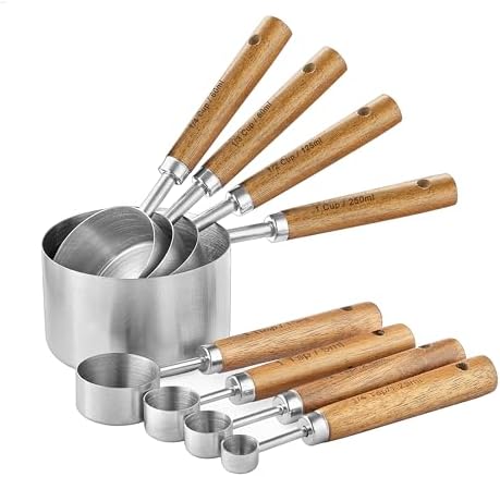 Measuring Cups and Spoons Set, Stainless Steel Metal measuring Cups with Wooden Handles, Great for Dry and Liquid Ingredients, Engraved Metric Markings, Nesting Design for Baking