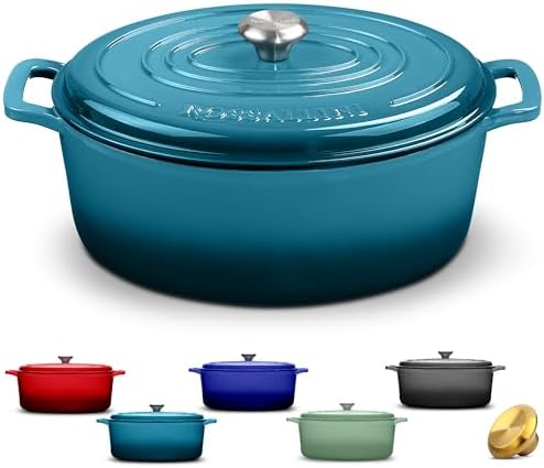ROSSALLINI Signature Enameled Cast Iron Oval Dutch Oven | Non-Stick Serving Pot with Tight Fitting Lid for Perfect Roasting, Baking, Sauteing, and Bread Making | 8Q [Ocean Blue]