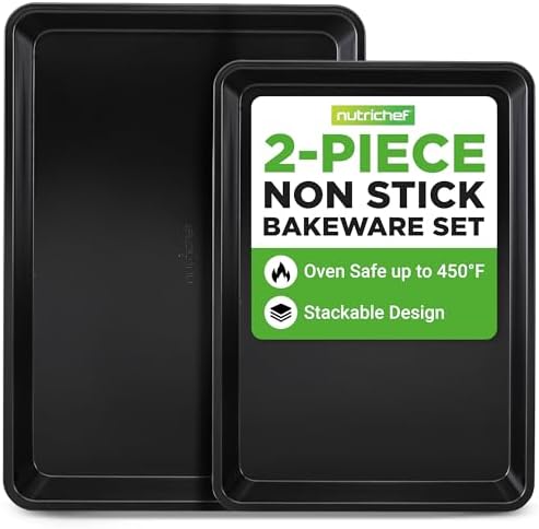 NutriChef 2-Piece Non-Stick Black Cookie Sheets - Versatile & Durable Non-Toxic Carbon Steel Bakeware Sets, Stackable Baking Tray for Cookies, Brownies, Jelly rolls - Oven Safe & Easy Clean