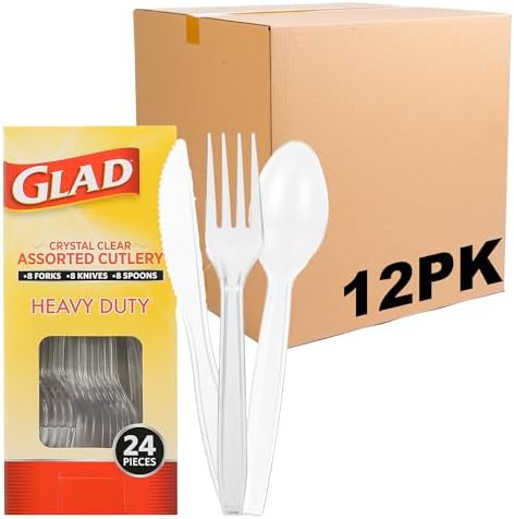 Glad Clear Disposable Cutlery Set, Forks Knives and Spoons, 24 Count, 12-Pk