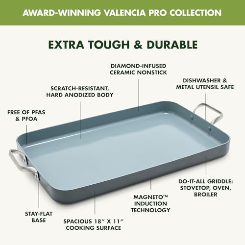 GreenPan Valencia Pro 18" x 11" Ceramic Nonstick Double Burner Griddle Pan