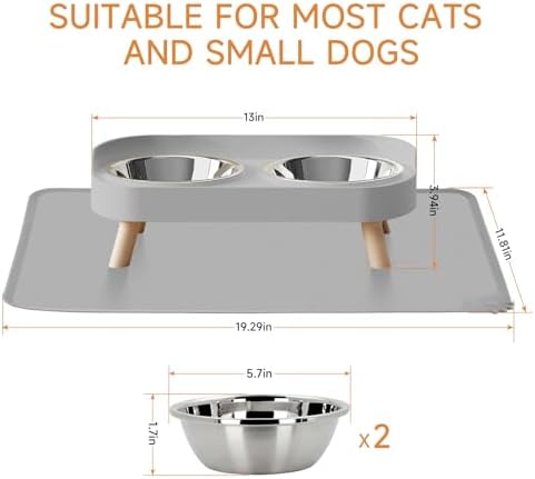 Elevated Cat Bowl with Food Mat, Raised Cat Food and Water Bowl Set for Indoor Cats, Splash Proof with 2 Stainless Steel Pet Food Bowls for Cats and Puppies,Whisker Fatigue and Dishwasher Safe (Grey)