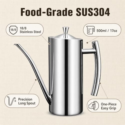 KSENDALO 500ml SUS304 Olive Oil Dispenser, Long Spout Stainless Steel Cruet