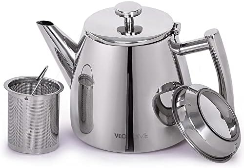 VeoHome Stainless Steel Tea Pot with Infuser - Keeps Heat Thanks to its Double Wall, Silver (1 Liter (34 oz))…