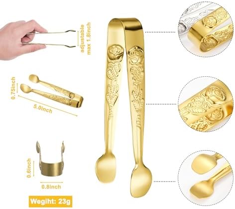 HINMAY 6PCS Mini Serving Tongs 5" Small Rose Appetizer Tongs (Gold)