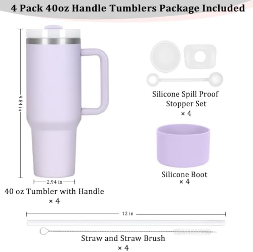 4 Pack 40 Oz Tumbler with Handle Bulk, Double Wall Vacuum Insulated Stainless Steel Tumbler with Lid and Straw, 40 oz cup with Silicone Spill Proof Stopper Set (Purple)