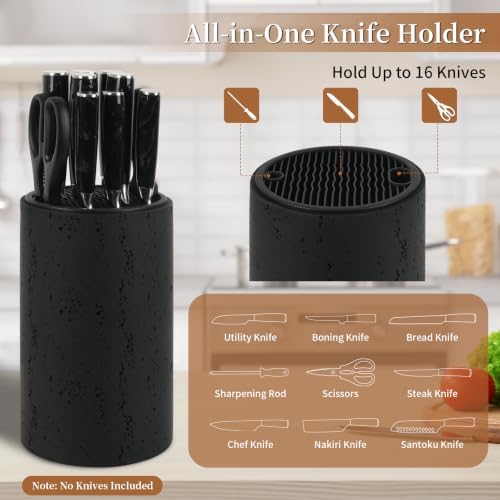 Knife Block Without Knives,Travertine Stone Look Round Universal Knife Holder with Slots for Scissors & Sharpening Rod,Safe Space Saver Knife Storage Stand,Detachable Knife Organizer - Matte Black