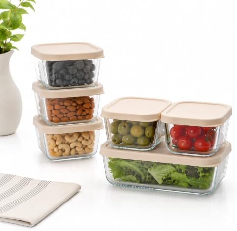 Glass Food Storage Containers with Lids - 12 Piece - 3 x 10.5 oz, 1 x 26.5 oz & 2 x 40.57 oz Glass with BPA-Free Leak Resistant Stackable Lids - Microwave, Oven & Dishwasher Safe - Vanilla Mist